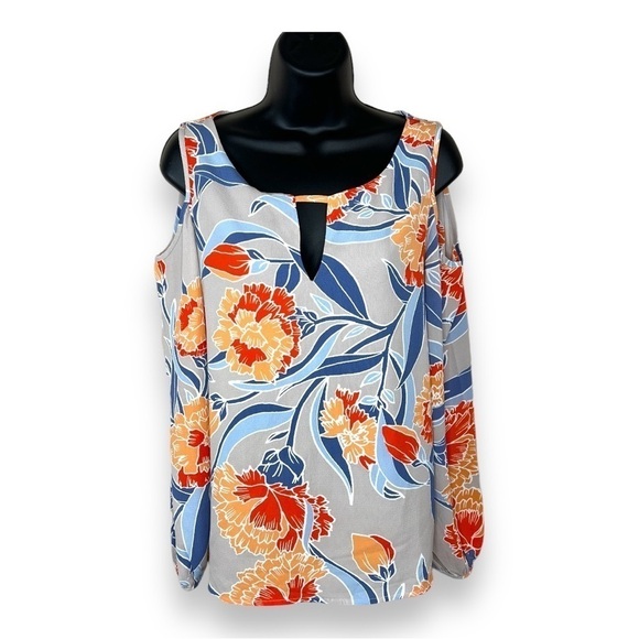 Small NEW Floral Blouse Cold Shoulder Keyhole Neckline C&E Orange Blue - Picture 1 of 11
